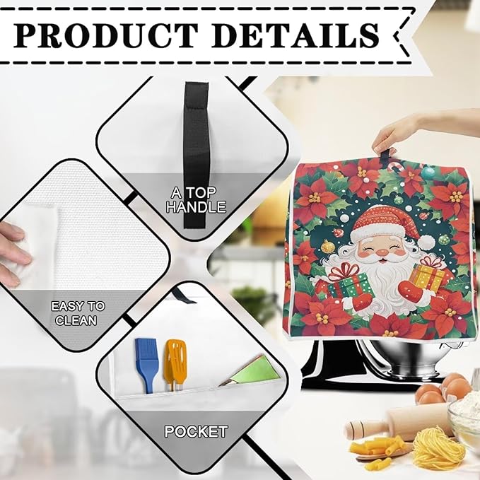 Santa Claus Stand Mixer Cover Dust Protective Poinsettia Stand Mixer Covers For Kitchen Aid 6-8 Quart Mixers Dustproof Cloth Cover for Small Appliance Protector Gift for Holiday