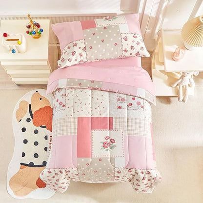 Joyreap 4 Piece Cotton Toddler Bedding Set- Pink Flower Plaids Patchwork Design, Toddler Comforter Set for Girls, Includes Quilted Comforter, Fitted Sheet, Top Sheet, and Pillow Case