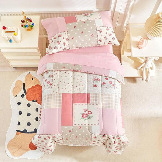 Joyreap 4 Piece Cotton Toddler Bedding Set- Pink Flower Plaids Patchwork Design, Toddler Comforter Set for Girls, Includes Quilted Comforter, Fitted Sheet, Top Sheet, and Pillow Case