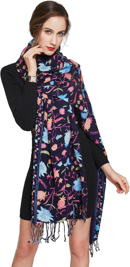DANA XU 100% Merino Wool Extra Large Pashmina Blanket Travel Scarf Cashmere Wrap for Women Fall Winter Oversize Shawl Floral