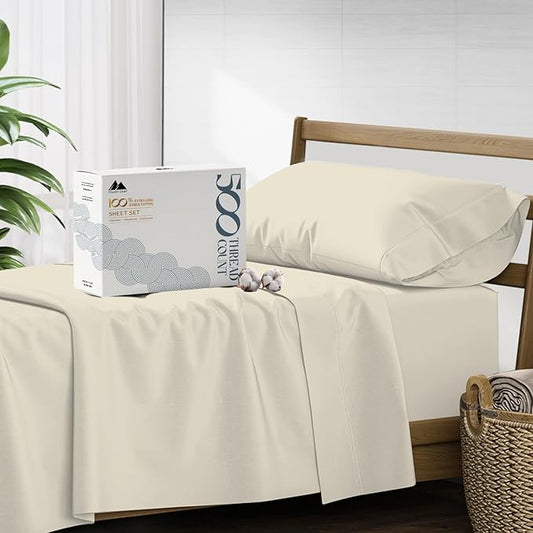 Mayfair Linen 100% Cotton Bed Sheets Twin Sheet Set - 500 Thread Count Sheets Twin Size 3 PC Set (Ivory), Soft, Cooling, Hotel-Quality 16" Deep Pocket Sateen Weave Cotton Bedsheet for Dorm Room