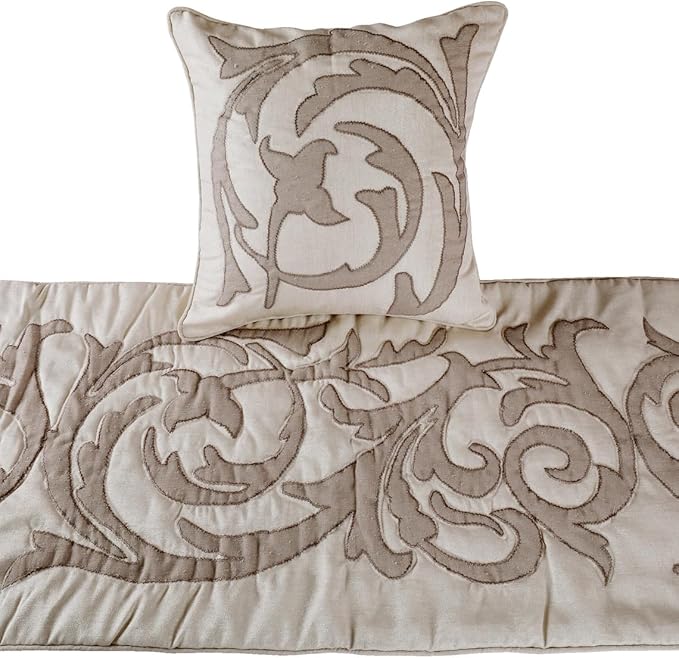 The HomeCentric Handmade Ivory & Beige King 90 x 18 inch Bed Runner with Matching Pillow Cover, Linen Lurex Applique Bed Scarf, Abstract Modern - Pretty Dainty