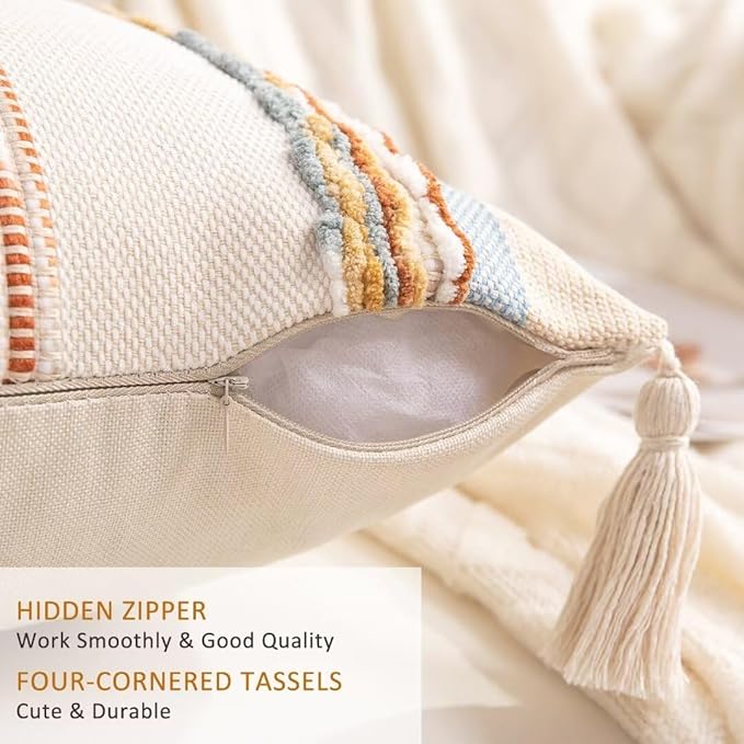 Boho Throw Pillow Covers 18x18 Set of 2 Woven Tufted Farmhouse Pillows Cover with Tassels Textured Striped Cushion Case Neutral Pillow Cases Decorative Pillowcase for Sofa Couch,Light Blue