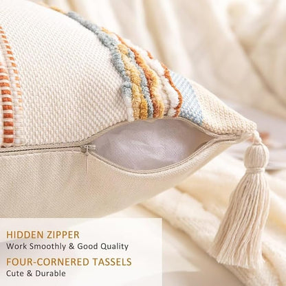 Boho Throw Pillow Covers 18x18 Set of 2 Woven Tufted Farmhouse Pillows Cover with Tassels Textured Striped Cushion Case Neutral Pillow Cases Decorative Pillowcase for Sofa Couch,Light Blue