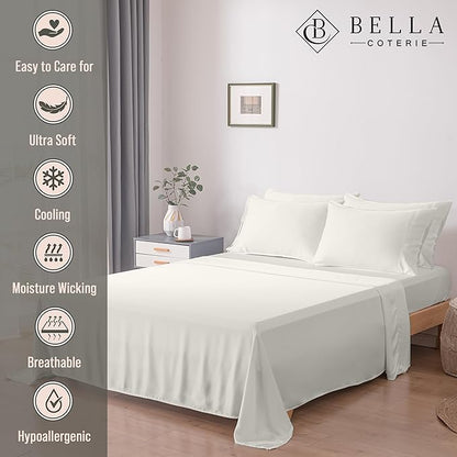 Bella Coterie 6 Piece Luxury Bamboo Viscose California King Size Sheet Set | 100% Organically Grown | Cooling for Hot Sleepers | 18" Deep Pocket | Soft & Hypoallergenic | 4 Pillowcases [Ivory]