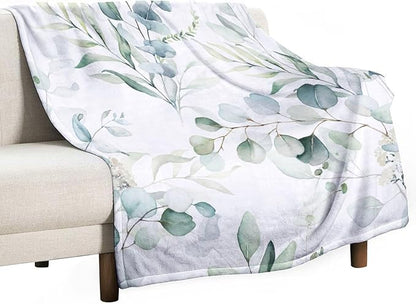Eucalyptus Leaf Throw Blanket, Watercolor Floral Spring Botanical Green Plants Herb Print Cozy Plush Blanket for Bedroom Living Rooms Sofa Couch, 60"x80"