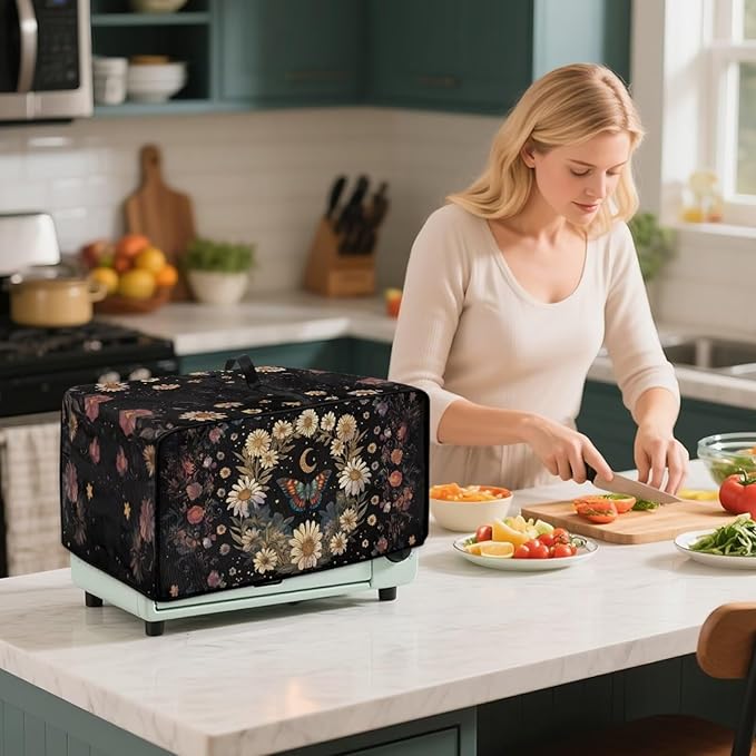 Vintage Daisy Butterfly Moon Print Toaster Oven Cover with Storage Bags Dust Cover for Microwave Oven Polyester-Linen Small Appliance Dust Covers Fits Most Microwaves, S