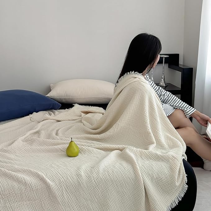 MorroMorn 100% Cotton Muslin Blanket with Fringes Twin Size 60"x80", 4-Layer Gauze Blankets for Adults, Boho Bedding Breathable Lightweight Ultra-Soft for Couch Bed All Seasons, Linen Beige