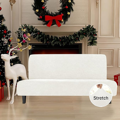 Easy-Going Stretch Futon Slipcover Armless Futon Bed Cover Furniture Protector Without Armrests with Elastic Bottom for Kids, Soft Jacquard Fabric Small Checks (Large, Cream)