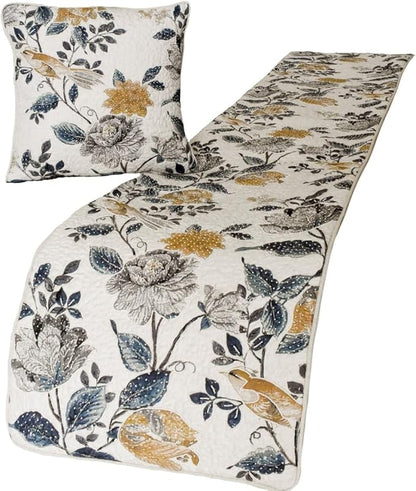 The HomeCentric King/Queen/Twin Blue & Ivory Decorative Full 68"x18" Bed Runner with 2 Pillow Cover, Bird, Pearl & Quilted Bed Scarf on Linen Fabric - Vintage Birdena