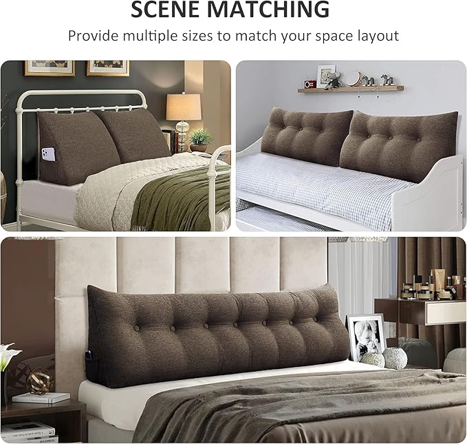Wedge Headboard Pillow Dorm Room Reading Pillow Back Support for Sitting Up in Bed Bolster Lumbar Cushion Body Positioning Bedrest Cotton Linen 76in Coffee King