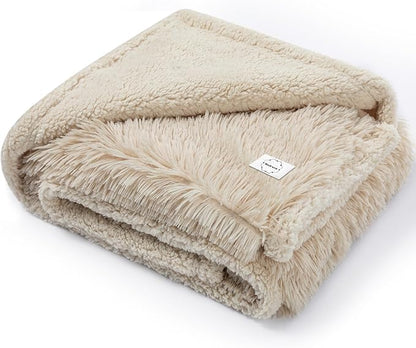 Waterproof Calming Dog Blanket Cream Long Faux Fur Pet Throw Blankets for Medium Dogs Cats Couch Sofa Covers Love Bed Cover Washable(Cream,L-65x57in)