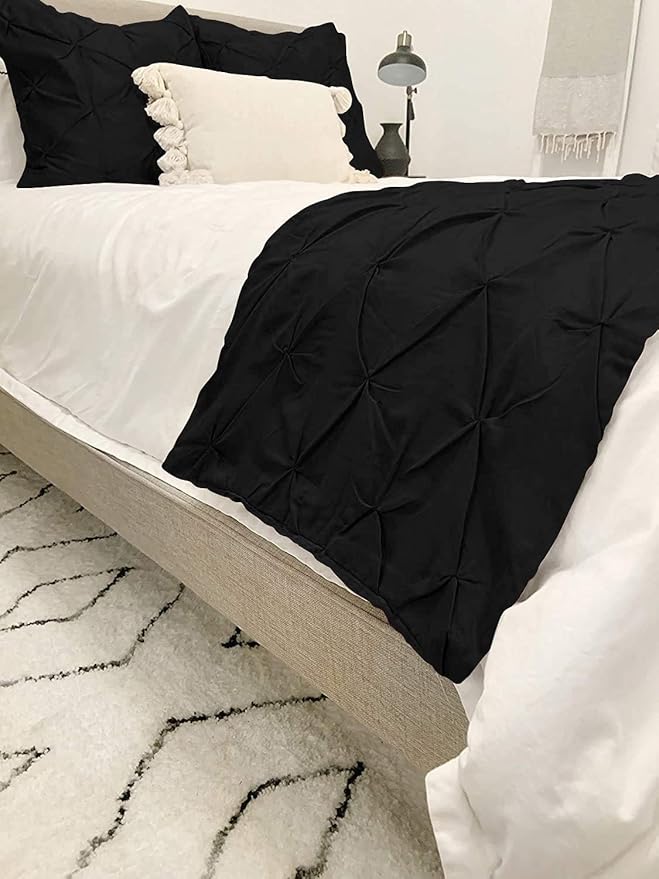 Bed Runner Set - 100% Pure Cotton 800 Thread Count - Luxury 1 Pinch Pleated Bed Runner and 2 Pillow Cover - 3 Piece Pinch Pleated Bed Runner Set California King, Black