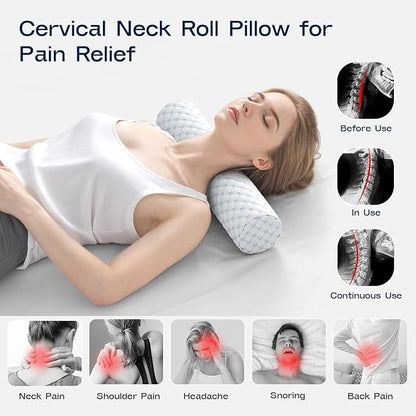 Neck Roll Pillow, Memory Foam Neck Support Pillows, Round Neck Pillows, Cylinder Bolster Pillows for Bed, Couch, and Yoga, Removable Washable Cover,18 * 4.1 * 4.1inch (Cool-Blue)