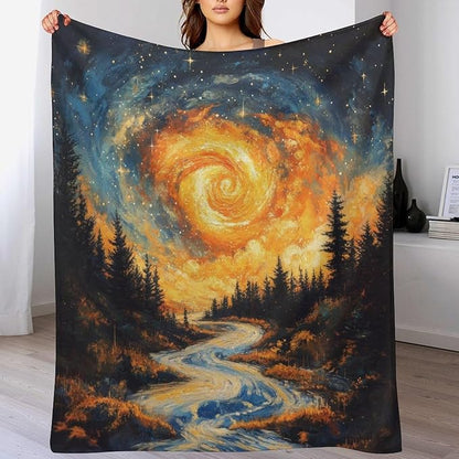 Magic Forest Blanket, Abstract Art Oil Painting Dreamworld River Jungle Sunset Pattern Soft Warm Cozy Plush Flannel Covers for Livingroom Bedroom Couch Chair Camping Travel Home Decor Tapestry 60x80in