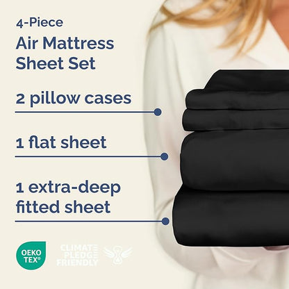 Air Mattress Sheet Set for Queen Size - 4 Piece Breathable & Cooling Sheets w/Extra Deep Pockets - Fits Inflatable & Blow Up Air Mattresses Up to 24 Inches Thick - Ultra Soft & Wrinkle Free - Black