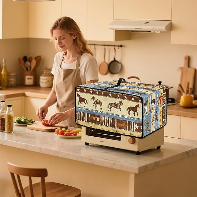 Horse Star Stipe Print Microwave Oven Dust Cover with Storage Bags Microwave Oven Grill Cover Protector Universal Reusable Decor Accessories for Kitchen, S
