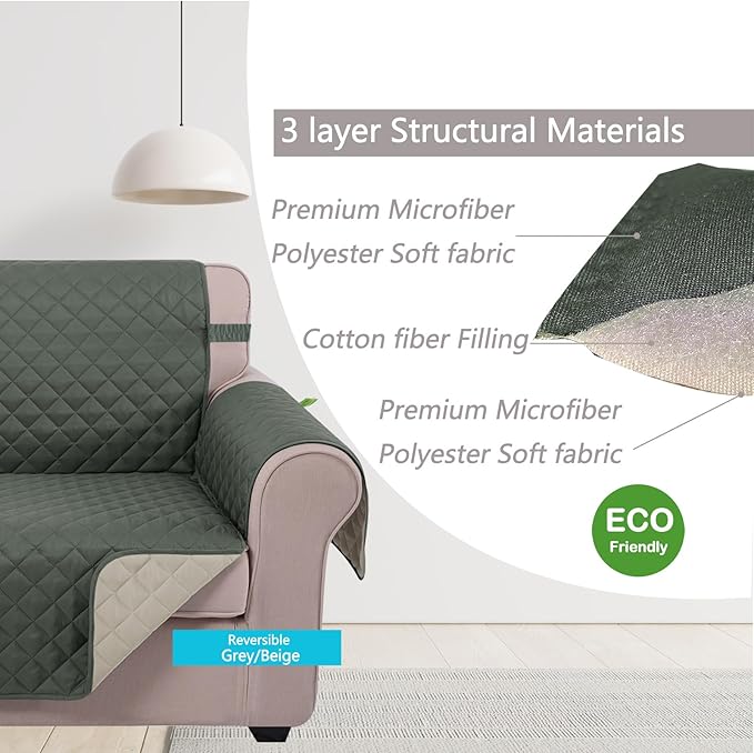 U-NICE HOME Loveseat Sofa Cover Reversible Couch Cover for Dogs with Elastic Straps Water Resistant Furniture Protector for Pets Couch Cover for 2 Cushion Couch (Loveseat, Grey/Beige)