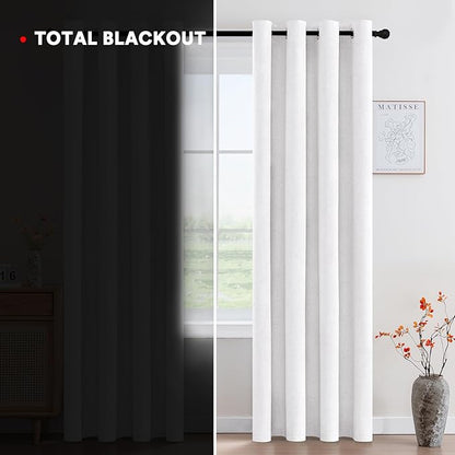 PrinceDeco 100% Blackout Curtains Nature Linen Blended 84 Inch Long Room Darkening Solid Black Out Curtains for Living Room Thermal Insulated Nickel Grommet 2 Panels Set - Heathered White