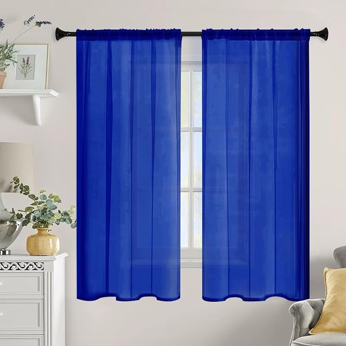 Sheer Curtains 72 Inches Long 2 Panels, Rod Pocket Short Curtain for Kitchen, Bedroom, Cafe Window(Blue Sapphire 38" W x 72" L)