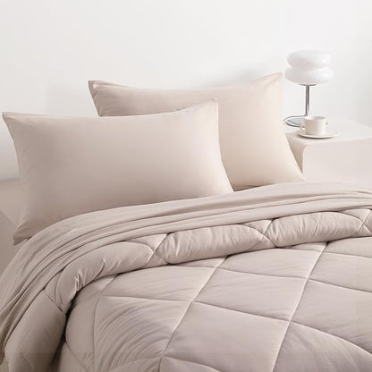 NTBAY Twin Comforter Set with Sheets, 5 Pieces Soft and Breathable Twin Bedding Set, Twin Bed in a Bag, Down Alternative Comforter Set Solid Color All Season, Kids Bedding Set, Taupe