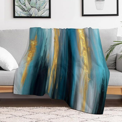 Fashion Gradient Blanket, Modern Abstract Art Gold Lake Blue Painting Strokes Pattern Soft Warm Cozy Plush Flannel Covers for Livingroom Bedroom Couch Chair Camping Travel Home Decor Tapestry 30x40in
