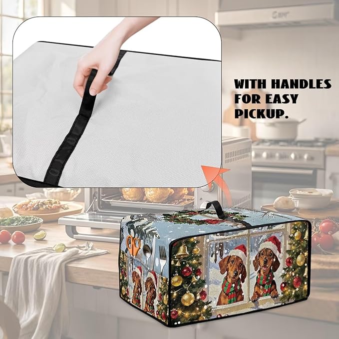 Convection Oven Dust Cover with Storage Pockets, Protective Smart Oven Cover for Kitchen Countertop for Christmas Holiday Party, S, 14.5 x 18.5 x 9 Inches, Dachshund Dog Christmas Tree