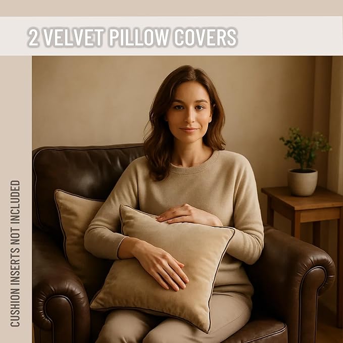 2 Pack Velvet Decorative Throw Pillow Covers, 20"x20", Beige and Brown, Solid, Modern, Contrast Piping, Indoor Use, Bedroom & Living Room