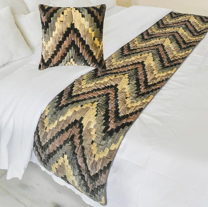 The HomeCentric King/Queen/Twin Beige Decorative Twin 53"x18" Bed Runner with 2 Pillow Cover, Abstract, Chevron, Quilted Bed Scarf on Suede Velvet Fabric - Paramount