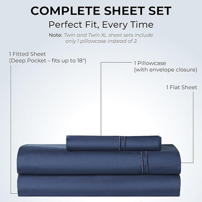 100% Natural Cotton Bed Sheets | 500 TC Single-Ply Sateen Weave Twin XL Sheets | Breathable, Hypoallergenic Solid 3-Piece Bedding with Deep Pocket Fitted, Flat, Pillowcase | Navy Blue