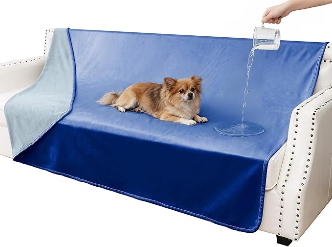 Waterproof Blanket for Couch, Leak Proof Dog Bed Blankets Reversible, Pet Throw Sofa Furniture Protector Machine Washable-52 x82,Navy Blue+Stone Blue