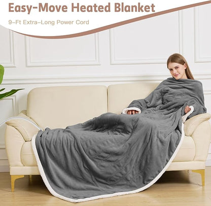 Heated Blanket, 55"×80" Wearable Electric Blanket with Sleeves, Sherpa Snuggle Throw Blanket, Warm Gift for Grandma, Mom, Dad, (Grey)