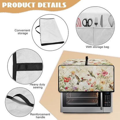 Convection Toaster Oven Cover Decorative Dustproof Convection Microwave Oven Cover with Storage Pockets for Kitchen Countertop, L, 18.5 x 22.5 x 13 Inches, Retro Hummingbird Floral