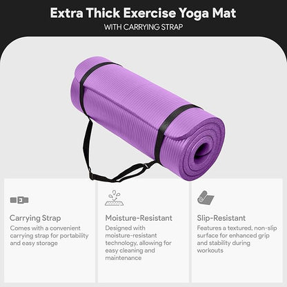 BalanceFrom GoCloud 71x24 Inches Extra Thick Yoga Mat 1-Inch High-Density Foam – Roll-Up Exercise Pad with Double-Sided Non-Slip Surface and Carrying Strap for Pilates and Home Workouts
