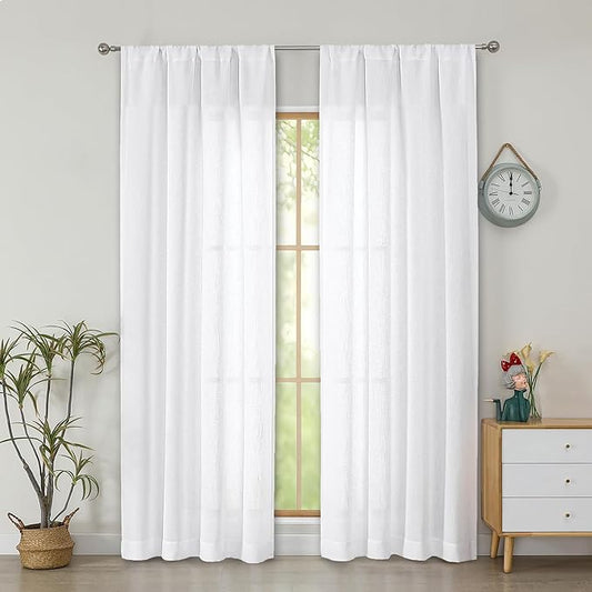 Simplebrand White Faux Linen Textured Semi Sheer Curtains 72 Inches Long 2 Panels Set, Light Filtering Privacy Farmhouse Curtains, Soft Window Drapes Rod Pocket Top for French Door, Bedroom, 40W x 72L