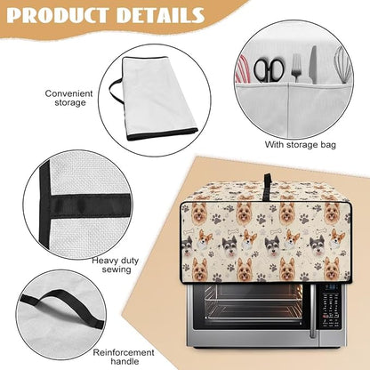 Air Fryer Toaster Oven Dust Cover Washable Fabric Convection Oven Protector with Storage Pockets, M, Yorkshire Terrier Schnauzer Dog Bone Paw Beige Puppy Pattern