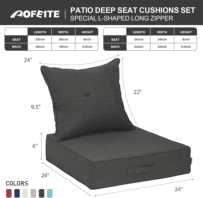 Outdoor Olefin Water-Resistant Deep Seat Cushion Set, 2PCS Weather and Fade Resistant 24''x 24''x 6'' Patio Furniture Seat Cushion, Thickened Sofa Chair Pad for Lawn, Garden, Dark Gray
