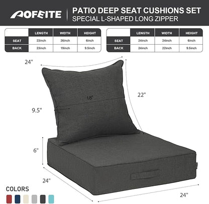 Outdoor Olefin Water-Resistant Deep Seat Cushion Set, 2PCS Weather and Fade Resistant 24''x 24''x 6'' Patio Furniture Seat Cushion, Thickened Sofa Chair Pad for Lawn, Garden, Dark Gray