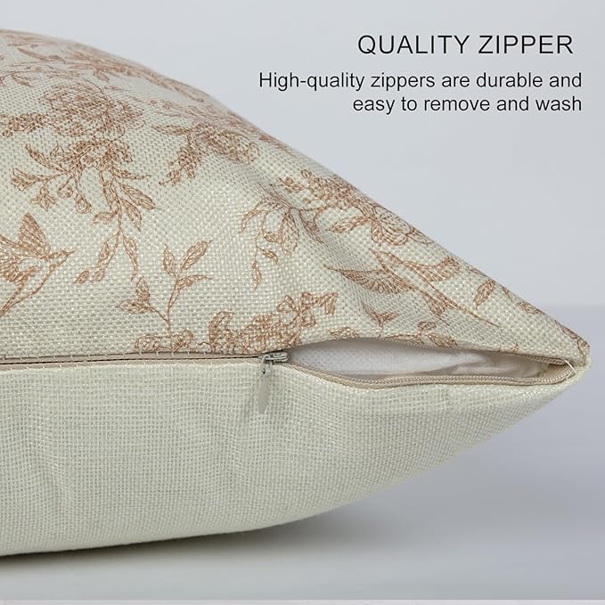 Brown Floral Pillow Cover 18x 18 Set of 2, Vintage Block Print Blooming Flower and Bird Decorative Linen Pillow Cushion Case,Modern Home Decor for Outdoor Couch Bedroom Car