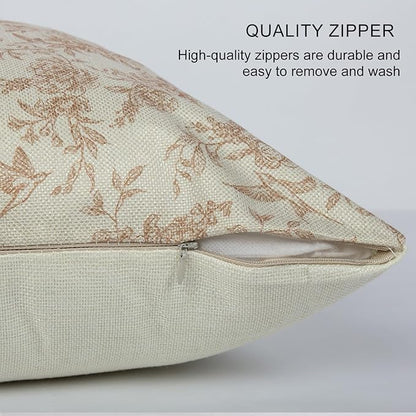 Brown Floral Pillow Cover 18x 18 Set of 2, Vintage Block Print Blooming Flower and Bird Decorative Linen Pillow Cushion Case,Modern Home Decor for Outdoor Couch Bedroom Car