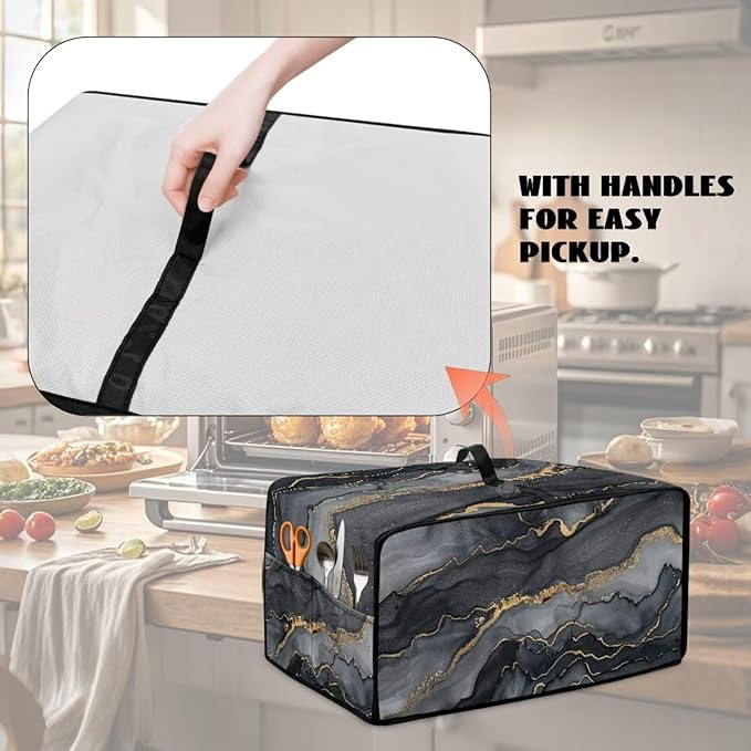 Convection Toaster Oven Cover Protective Small Kitchen Appliance Dust Cover with Accessory Pockets for Kitchen Home Indoor Decorations, S, Marble Black Gold