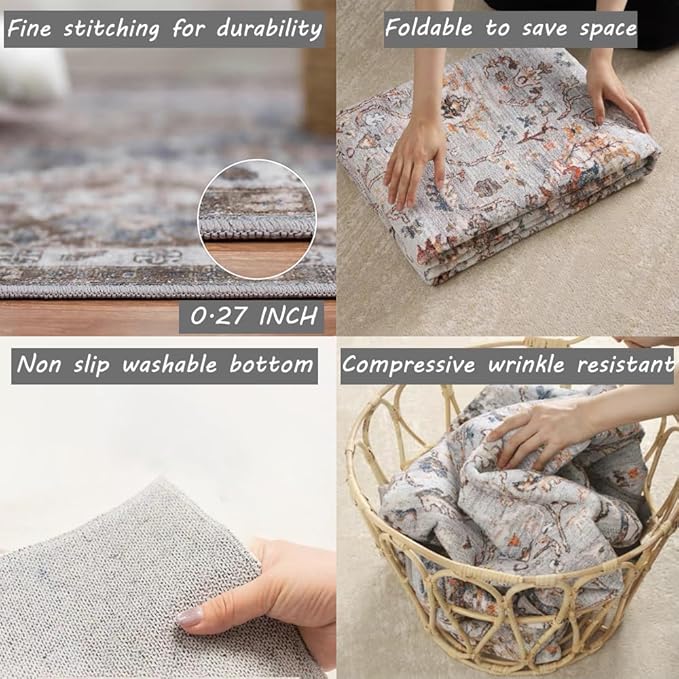 Area Rug 4x6 Washable Rug Gray Vintage Traditional Floor Cover Foldable Thin Retro Accent Indoor Distressed Non Slip Carpet Floral Print Mat Bedroom Living Room Bathroom
