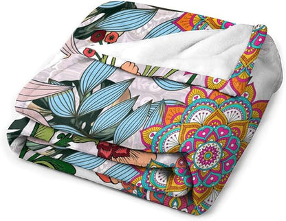 Boho Flowers Blanket for Women Girls, Rustic Bohemian Mandala Palm Leaves Plants Botanical Print Blanket for Bedroom Living Room Couch Sofa, 60"x80"