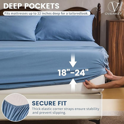 100% Linen Sheet Set Cal King Size Extra Deep Pocket Fits 18-24 Inch Mattress, Breathable & Soft, Smooth 6-Piece Set for Thick Mattresses Hotel Luxury Bedding（Cal King, Dusty Blue）