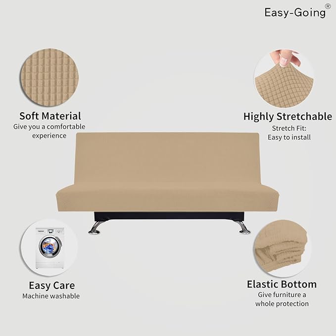 Easy-Going Stretch Futon Slipcover Armless Futon Bed Cover Furniture Protector Without Armrests with Elastic Bottom for Kids, Soft Jacquard Fabric Small Checks (Large, Sand)