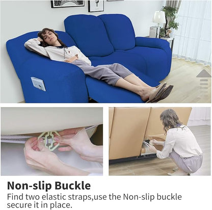Easy-Going 6 Pieces Recliner Loveseat Stretch Sofa Slipcover Sofa Cover Furniture Protector Couch Soft with Elastic Bottom Kids, Spandex Jacquard Fabric Small Checks Classic Blue