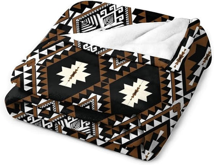 Rustic Western Throw Blanket, Southwestern Bohemian Ethnic Style Native Aztec Pattern Flannel Blanket for Sofa Bed, All Seasons 60"x80"