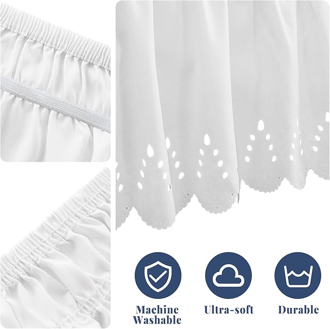 Queen Bed Skirt, Double-Layered Ruffled Eyelet Bed Skirt, Wrap-Around Elastic Dust Ruffle Queen Size with Gathered Styling and Embroidered Details, 18" Drop Length (White)