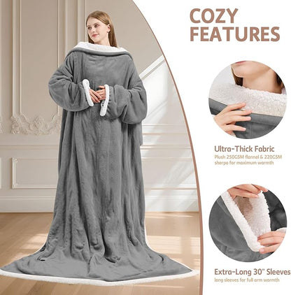 Heated Blanket, 55"×80" Wearable Electric Blanket with Sleeves, Sherpa Snuggle Throw Blanket, Warm Gift for Grandma, Mom, Dad, (Grey)