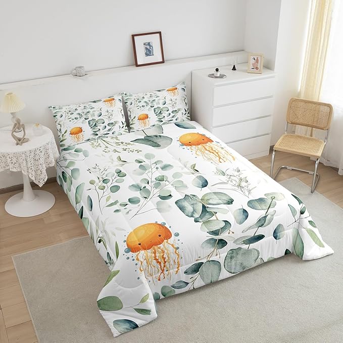 Erosebridal Kawaii Jellyfish King Comforter Set for Boys Girls Cartoon Animal Bedding Set King, Eucalyptus Leaves Bedding Comforter Sets Ocean Wildlife Duvet Set, Tropical Plants Quilted Comforter